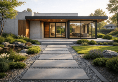 Rumah impian masa tua dengan desain satu lantai yang nyaman dan aman, tampilan eksterior minimalis realistis dengan taman kecil untuk hunian pensiun yang tenang