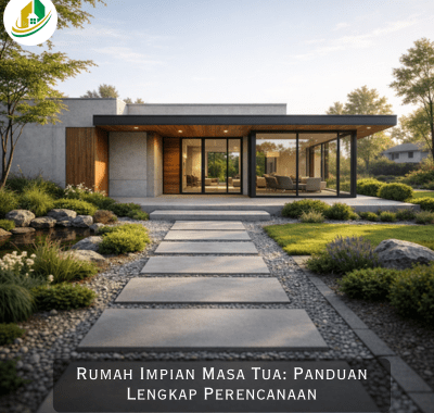 Rumah impian masa tua dengan desain satu lantai yang nyaman dan aman, tampilan eksterior minimalis realistis dengan taman kecil untuk hunian pensiun yang tenang