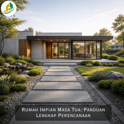 Rumah impian masa tua dengan desain satu lantai yang nyaman dan aman, tampilan eksterior minimalis realistis dengan taman kecil untuk hunian pensiun yang tenang